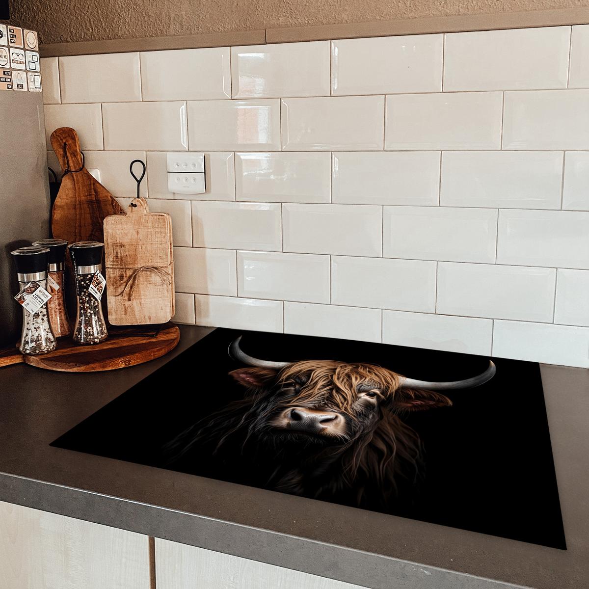 HERDABDECKPLATTE Schottischer Highlander - Porträt - Schwarz - Tier Herdabdeckung Induktionsfeld 70x52 cm - Braun, Kunststoff (70/52/0.2cm) - MuchoWow