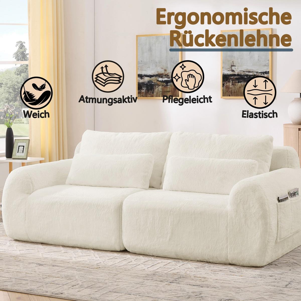2-SITZER SOFA in Beige aus Kunstfell mit USB-Anschluss & Seitentasche - Beige, Textil (101/81/208cm) - Urban Meuble