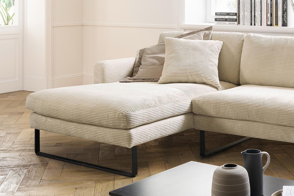 ECKSOFA RICARDA Cremeweiß Cord - Creme/Schwarz, Textil/Metall (298/154cm) - KAWOLA