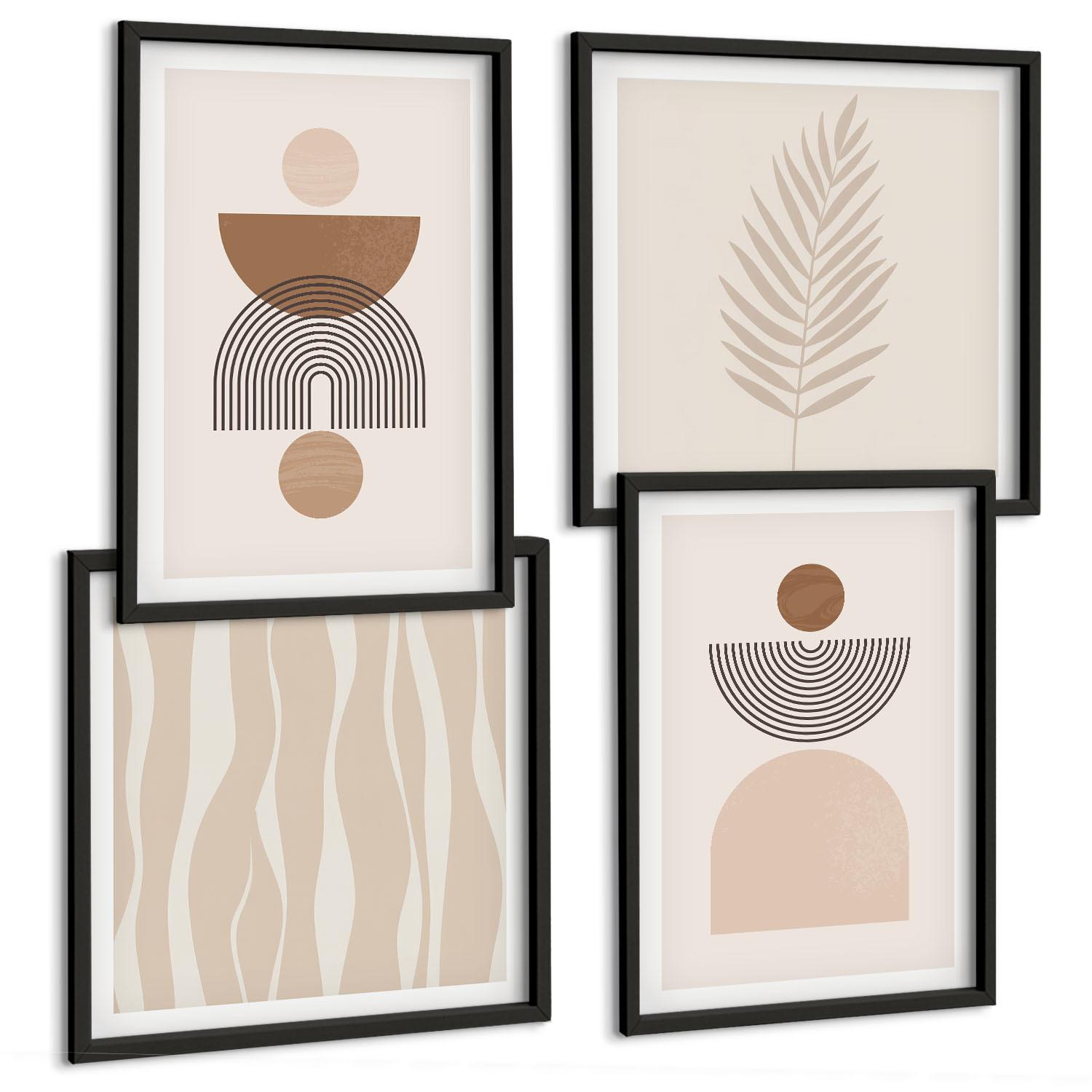 BILDER SET 4er Set - 50x50 cm & 40x60 cm Schwarzer Rahmen - Abstrakte Formen braun beige - Schwarz, Kunststoff (50/50cm) - TULUP