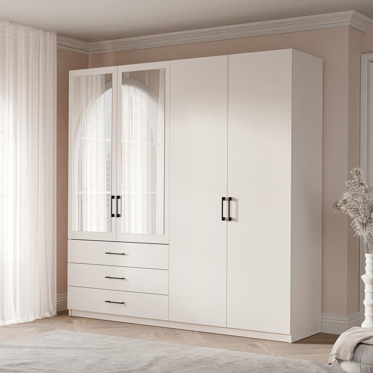 DREHTÜRENSCHRANK HECARIM 215/196/60 cm 4-türig mit Spiegel Kaschmir - Kaschmir, Holzwerkstoff (215/196/60cm) - MASSENO