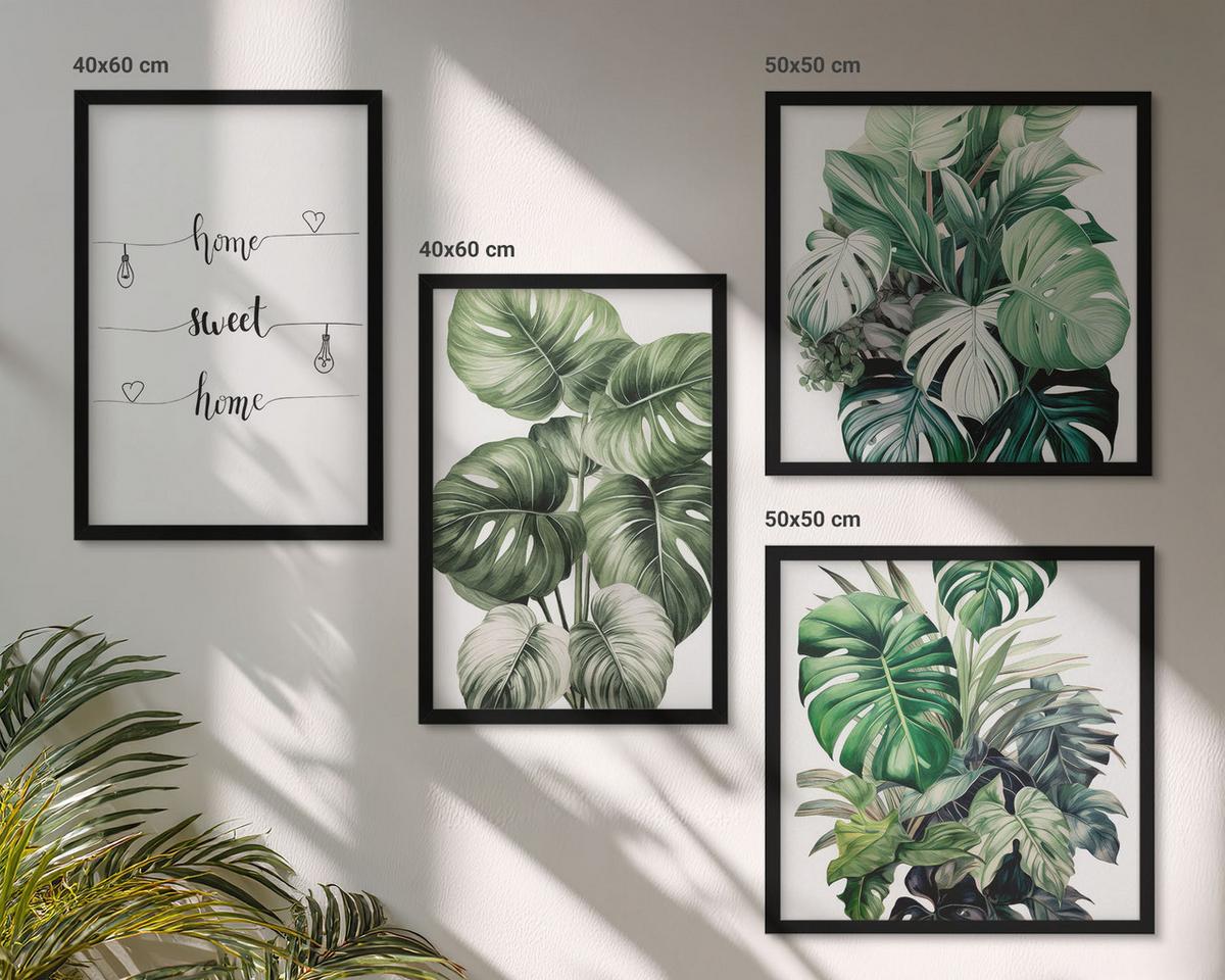 BILDER SET 4er Set - 50x50 cm & 40x60 cm Schwarzer Rahmen - Aquarell-Monstera-Blätter - Schwarz, Kunststoff (50/50cm) - TULUP