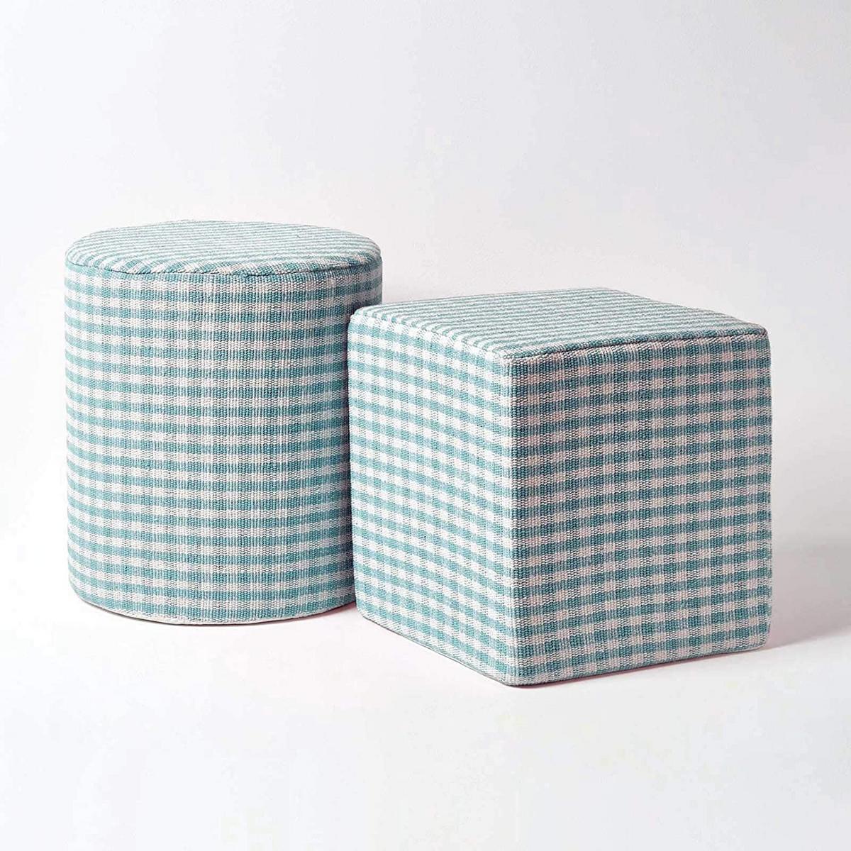 SITZPOUF Vichy-Karo blau, Hocker rund 40/40/42 cm - Blau, Textil (40/42/40cm) - Homescapes