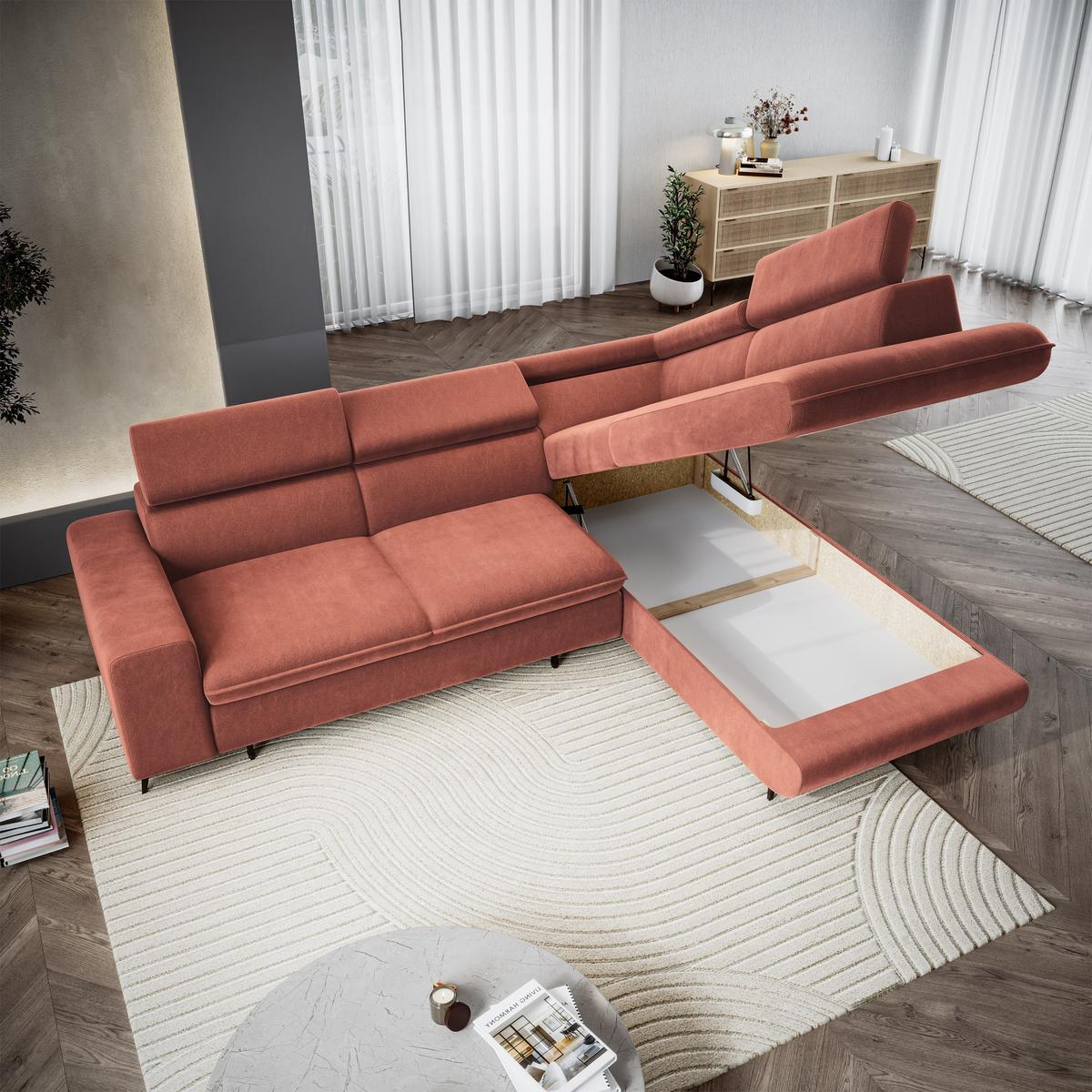 ECKSOFA VELISS Koralle Veloursstoff mit Schlaffunktion - Koralle, Holz (255/193cm) - MASSENO