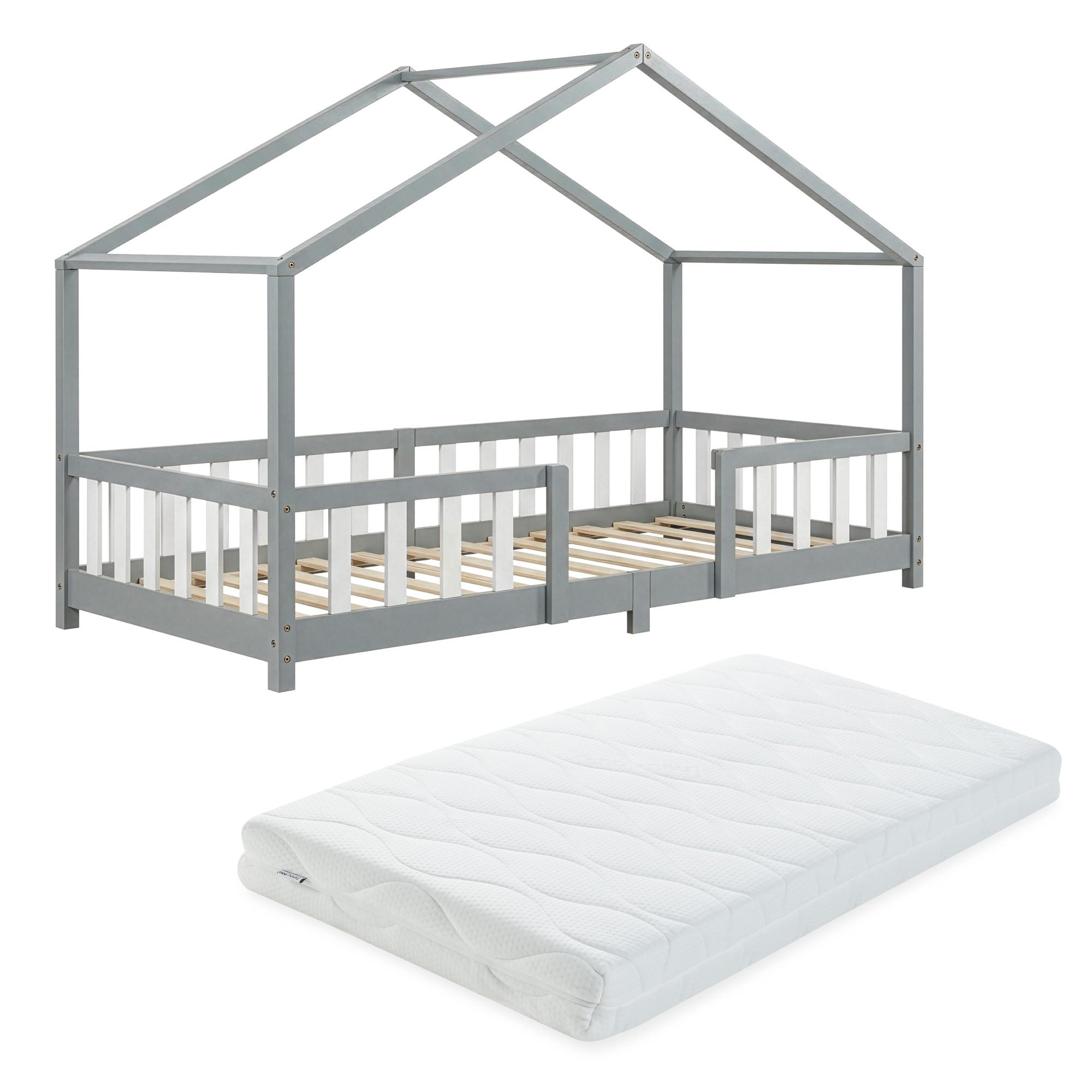 HAUSBETT Treviolo mit Matratze - Hellgrau/Weiß, Holz/Textil (90/200cm) - [en.casa]