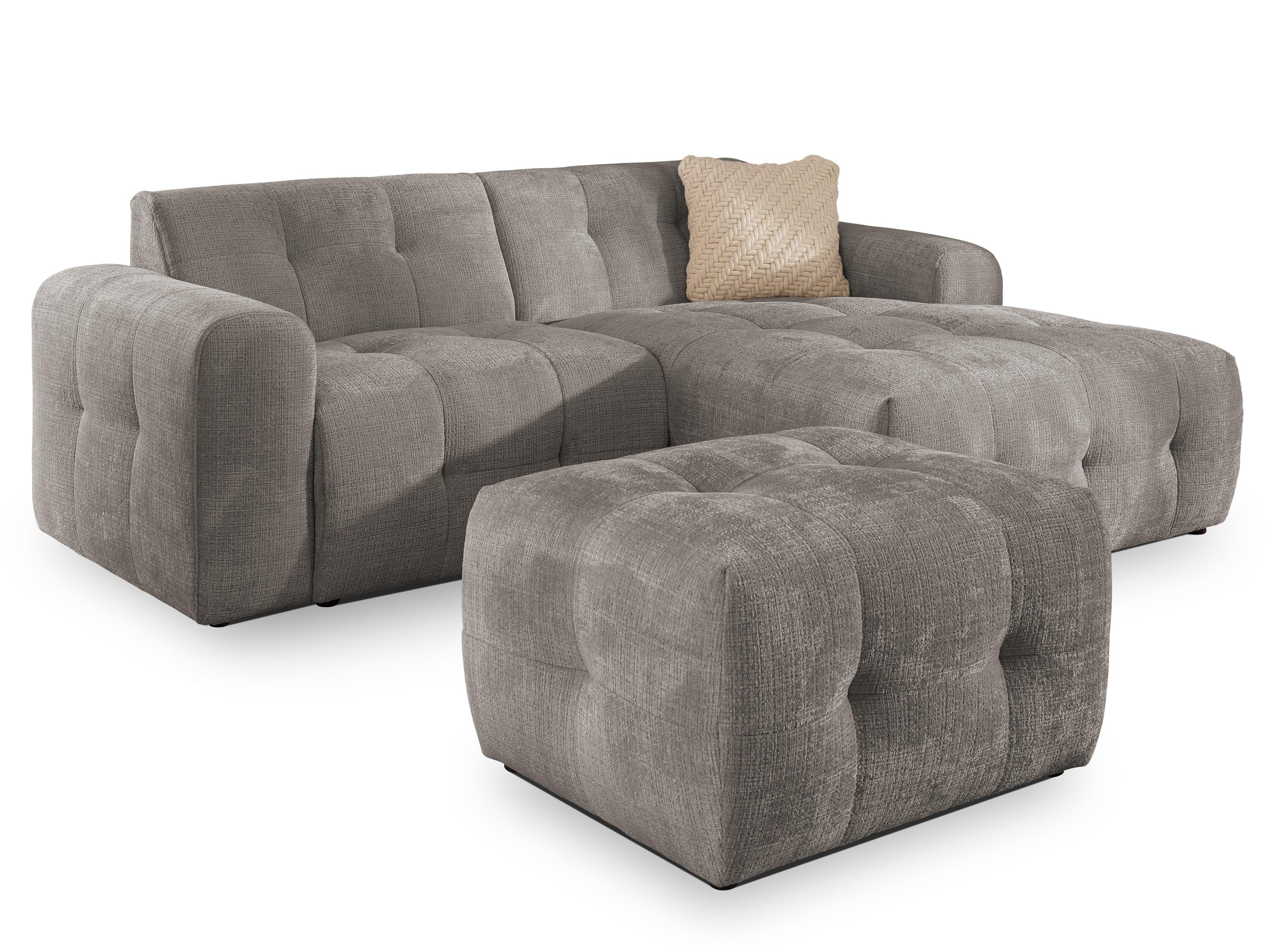 ECKSOFA inkl. Hocker Kozy im Bumpy-Design mit Schlaffunktion und fester Rückenlehne aus weichem Taupe Chenille-Stoff - Ottomane rechts - Taupe/Schwarz, Holz/Kunststoff (234/161cm) - S-Style