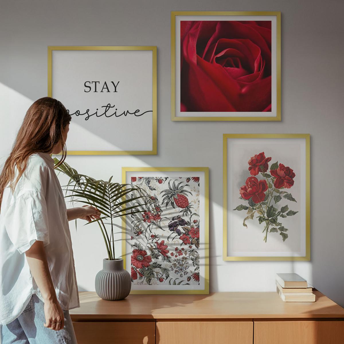 BILDER SET 4er Set - 50x50 cm & 40x60 cm Goldrahmen - Inschrift mit roten Rosen - Goldfarben, Kunststoff (50/50cm) - TULUP