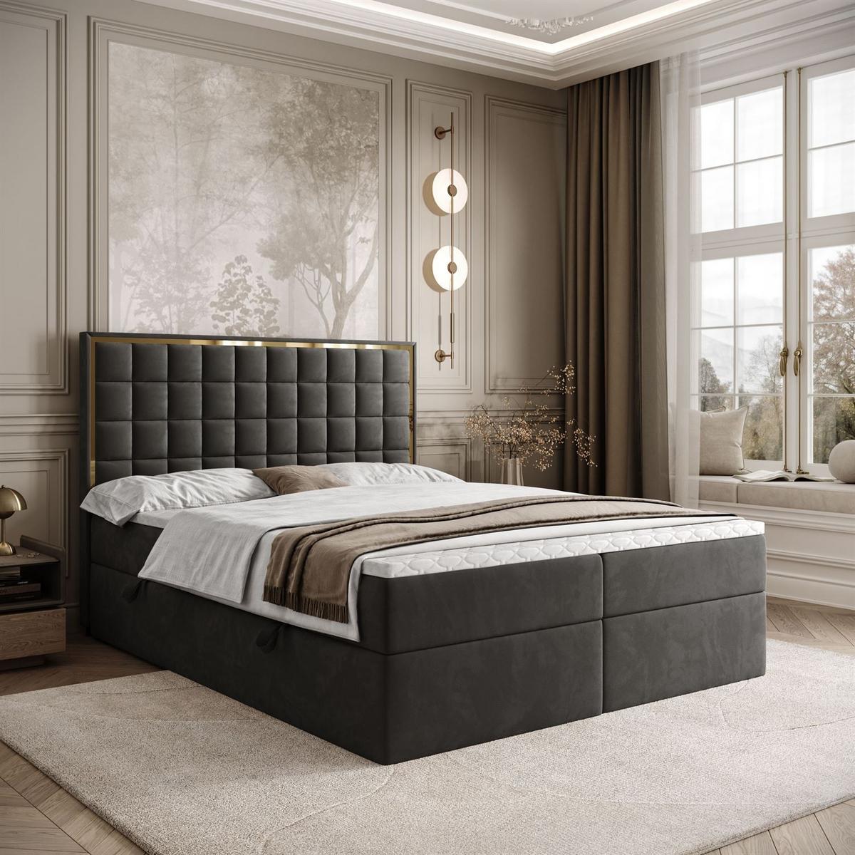 BOXSPRINGBETT ISADORA GOLD mit Bettkasten und Topper 160x200 cm Royal Velvet 185 - Graphitfarben, Textil - Lookway