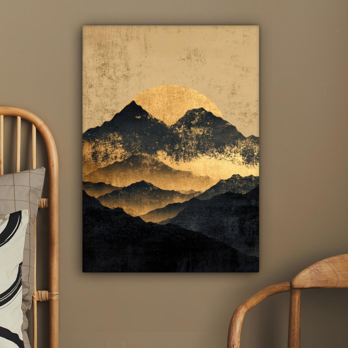 LEINWANDBILD Goldene Berge bei Mondschein Wandbild Wohnzimmer 60x80 cm - Goldfarben, Textil (60/80cm) - MuchoWow