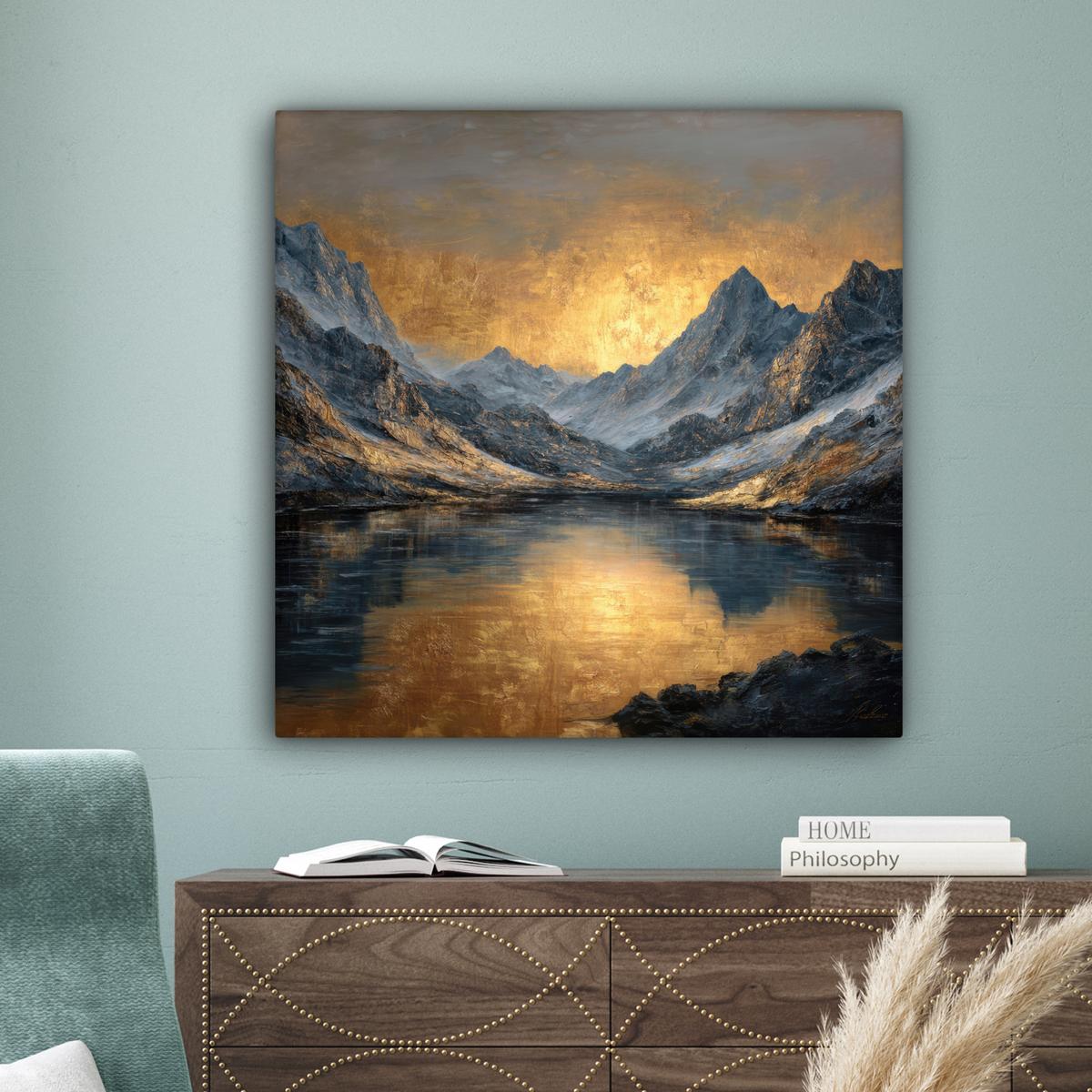 LEINWANDBILD Bergkulisse mit goldenem Sonnenuntergang Deko Groß 90x90 cm - Goldfarben, Textil (90/90cm) - MuchoWow