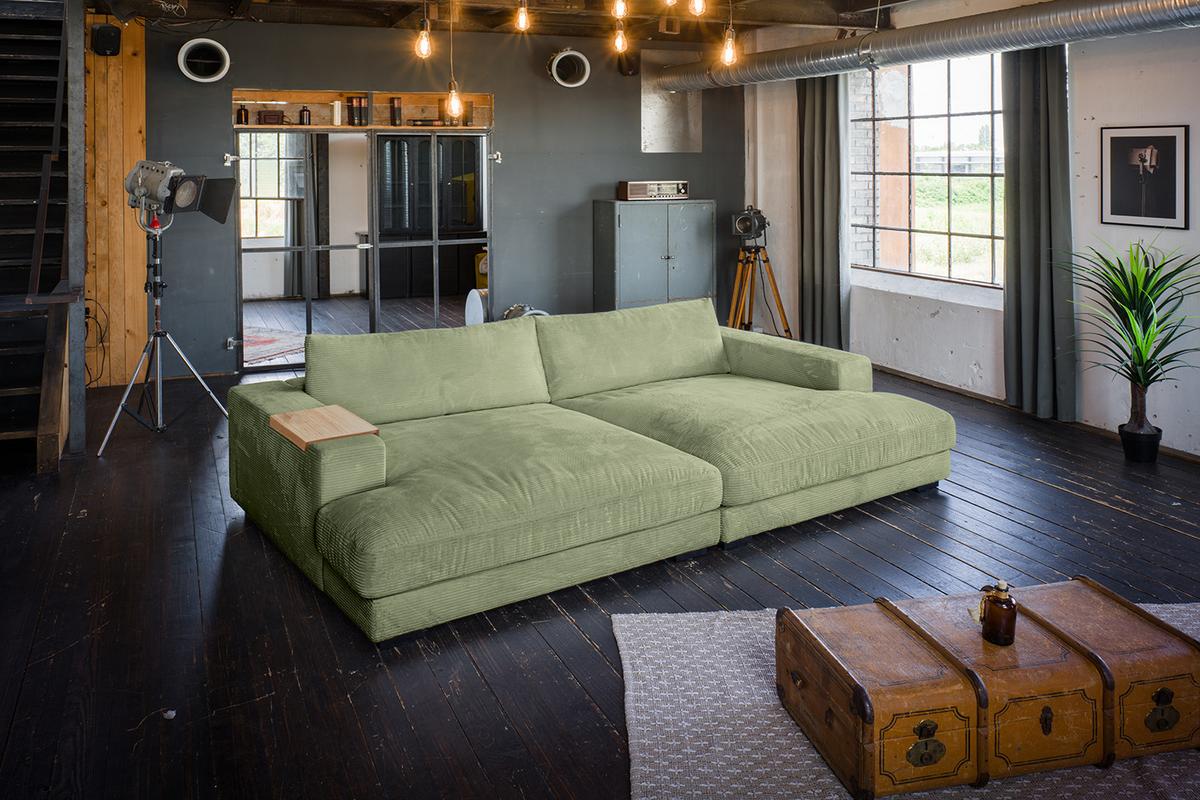 BIG SOFA MIT TABLETT MADELINE Grün Cord - Schwarz/Olivgrün, Kunststoff/Textil (290/85/170cm) - KAWOLA