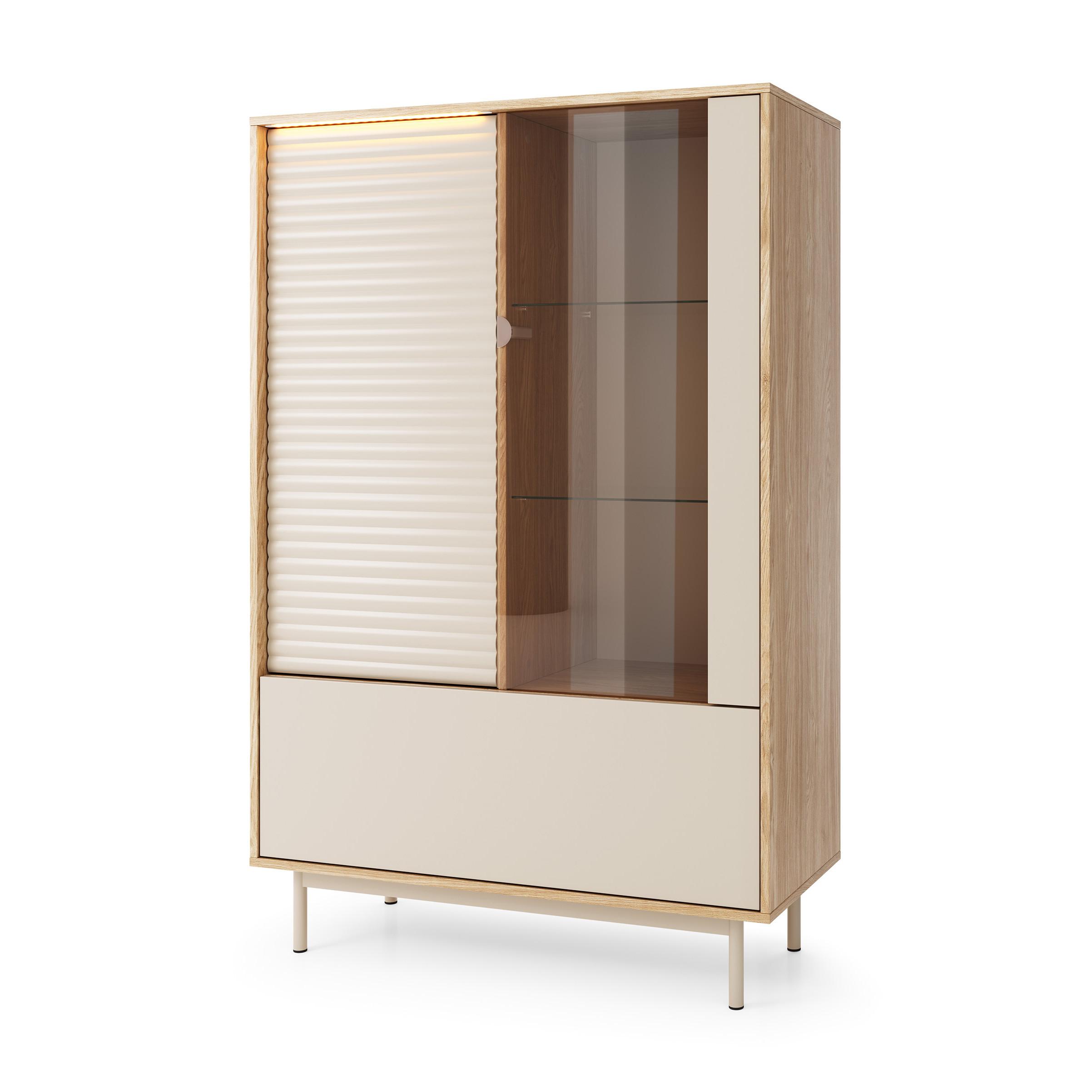 VITRINE Terra mit 3 Türen und LED-Beleuchtung, Kaschmir/geölte Eiche - Kaschmir, Holzwerkstoff/Metall (100/152/40cm) - Beautysofa