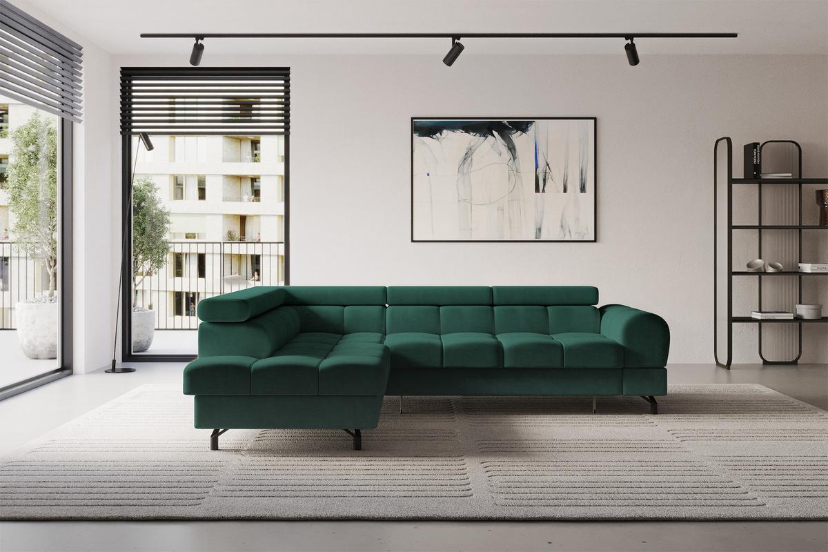 ECKSOFA mit Schlaffunktion Ottomane Links LUMA-L 272x203x70 Grün Velours - Schwarz/Grün, Holzwerkstoff/Kunststoff (272/203cm) - ALTDECOR