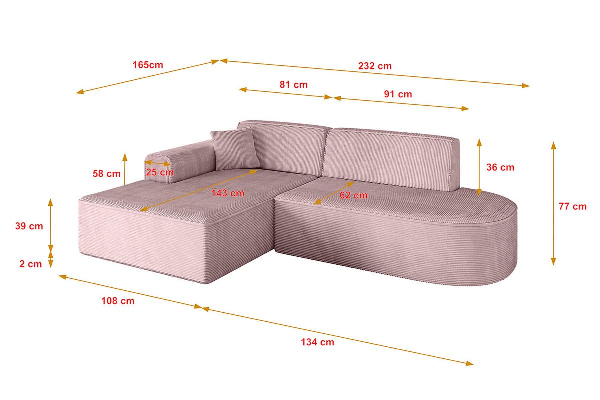 ECKSOFA Ottomane Links IREA-L1-v3 - 232x165x77 cm Rosa - Rosa, Holzwerkstoff/Textil (232/165cm) - ALTDECOR