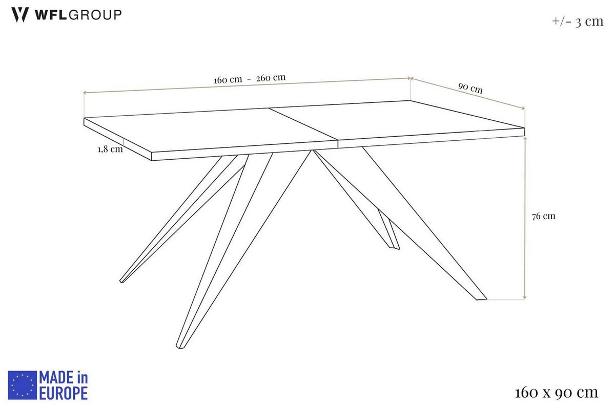 ESSTISCH Vance rechteckig ausziehbar, Lancelot Eiche 160-260/90/76 cm - Eichefarben/Schwarz, Holzwerkstoff/Metall (90/260/76cm) - WFL GROUP