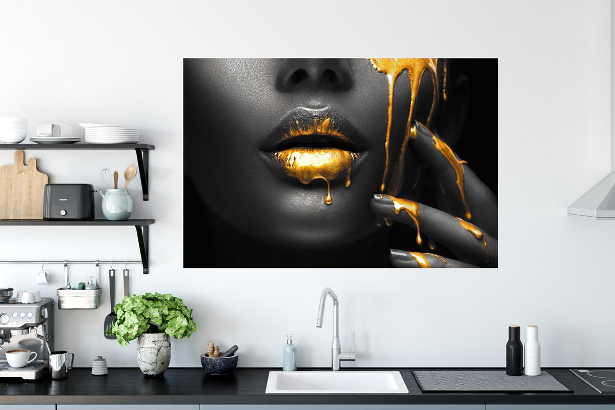 WANDTATTOO Frau - Schwarz - Gold - Gesicht - Lippen Wandsticker 120x80 cm - Goldfarben, Kunststoff (120/80/0.1cm) - MuchoWow
