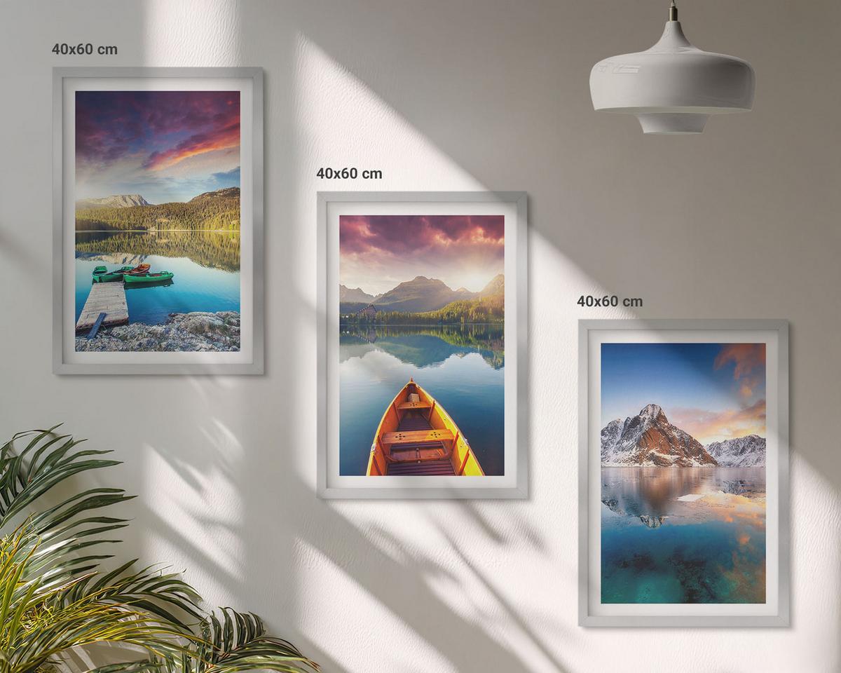 BILDER SET 3er Set - 40x60 cm Silberner Rahmen - Seen, Berge, Boote, Frieden - Silberfarben, Kunststoff (40/60cm) - TULUP