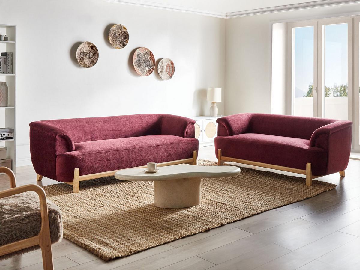 SOFA-SET 5-Sitzer Chenillegewebe Burgunderrot Alnor - Rot/Braun, Textil (205/67/85cm) - Beliani