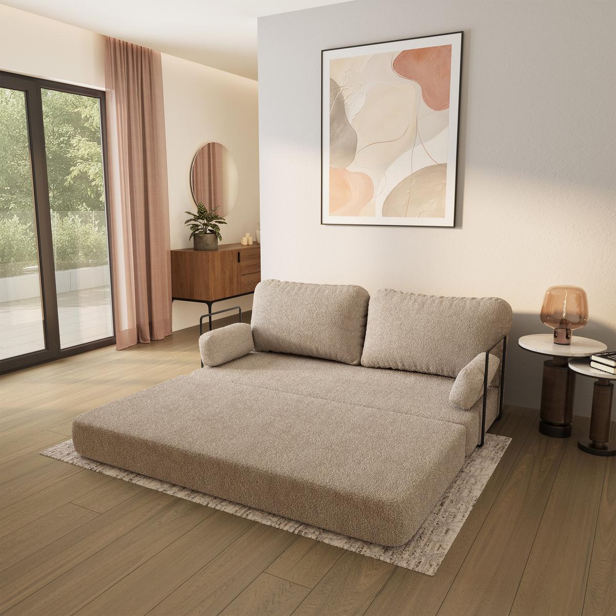 BETTSOFA NIKSI aus Schaumstoff Bucle-Stoff Beige Schlaffunktion - Beige, Textil (170/86/80cm) - MASSENO