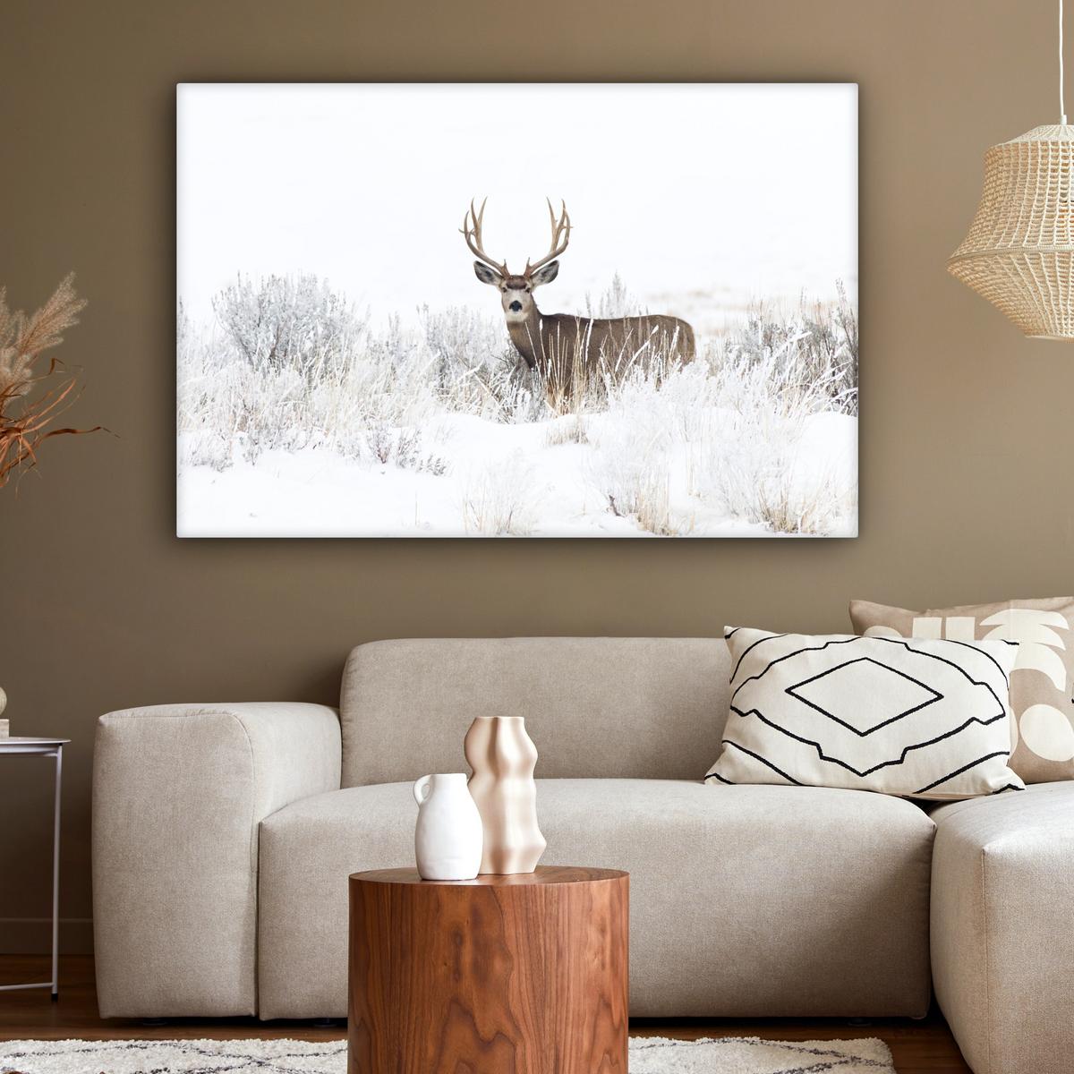 LEINWANDBILD Hirsche - Winter - Schnee - Tiere - Jahreszeiten - Weiß Wohnzimmer Groß 120x80 cm - Hellbraun, Textil (120/80cm) - MuchoWow