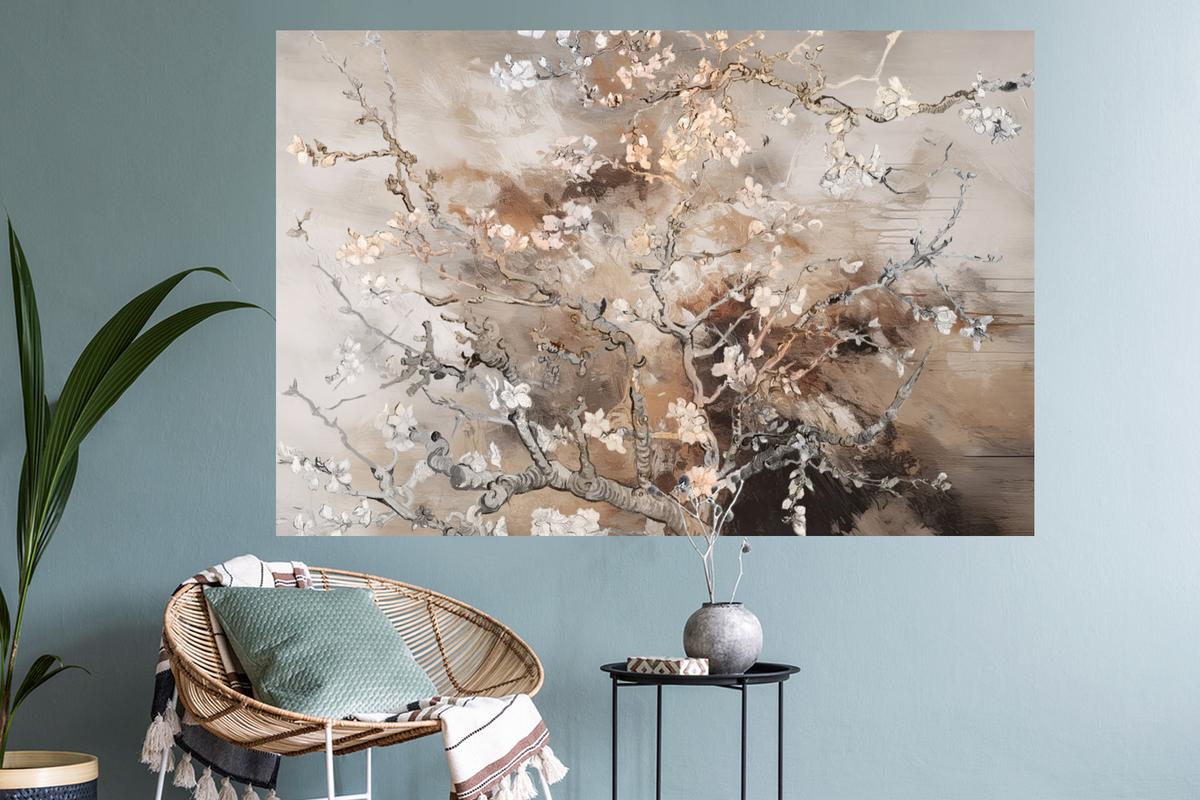 WANDTATTOO Mandelblüte - Kunst - Van Gogh - Beige - Abstrakt Wandsticker 120x80 cm - Braun, Kunststoff (120/80cm) - MuchoWow