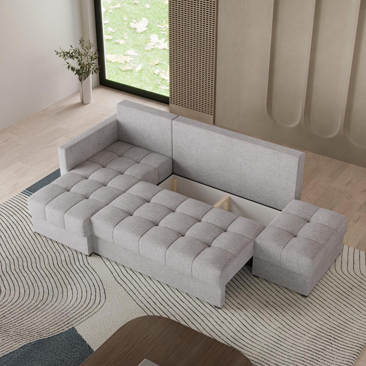 ECKSOFA LUMARI L-S Hellgrau Plüsch-Stoff mit Schlaffunktion - Hellgrau, Holz (262/143cm) - MASSENO