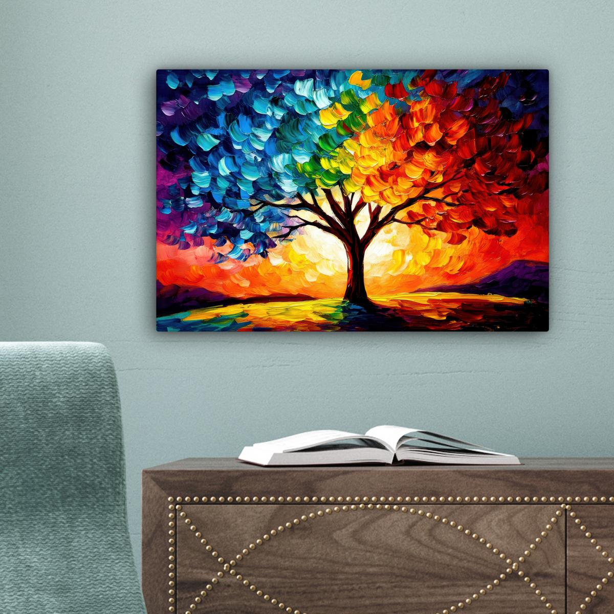 LEINWANDBILD Baum - Kunst - Natur - Sonnenuntergang Deko Schlafzimmer 30x20 cm - Multicolor, Textil (30/20cm) - MuchoWow