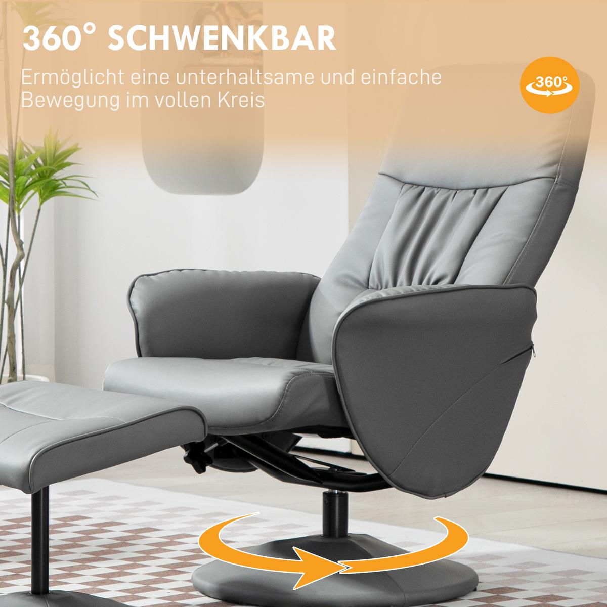 RELAXSESSEL mit Hocker, Fernsehsessel, TV Sessel mit Liegefunktion, Kunstleder - Hellgrau/Grau, Kunststoff/Metall (76/101/81cm) - HOMCOM