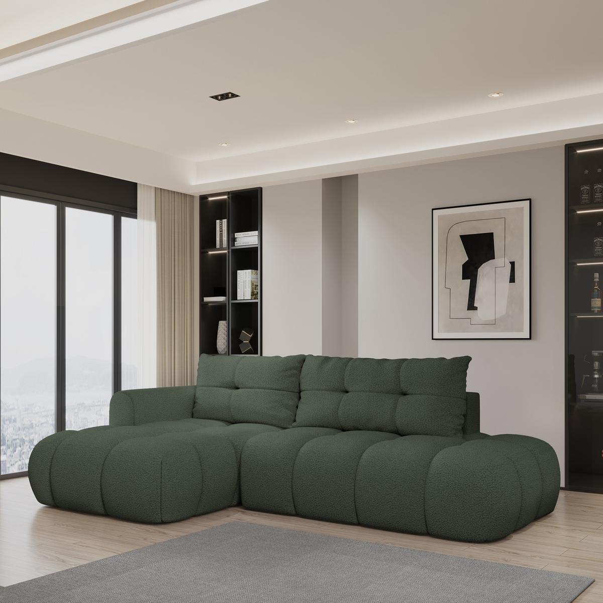ECKSOFA FLUMA L-S Grün Boucle-Stoff mit Schlaffunktion - Grün, Holz (279/158cm) - MASSENO