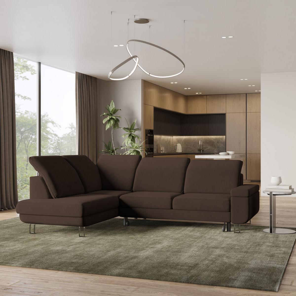 ECKSOFA LERMA L-S Braun Velours-Stoff mit Schlaffunktion - Silberfarben/Braun, Holz/Textil (253/190cm) - MASSENO