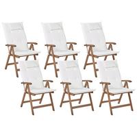 GARTENSTUHL 6er-Set Akazienholz dunkelbraun Auflagen cremeweiß Amantea - Dunkelbraun/Creme, Holz (54/105/69cm) - Beliani