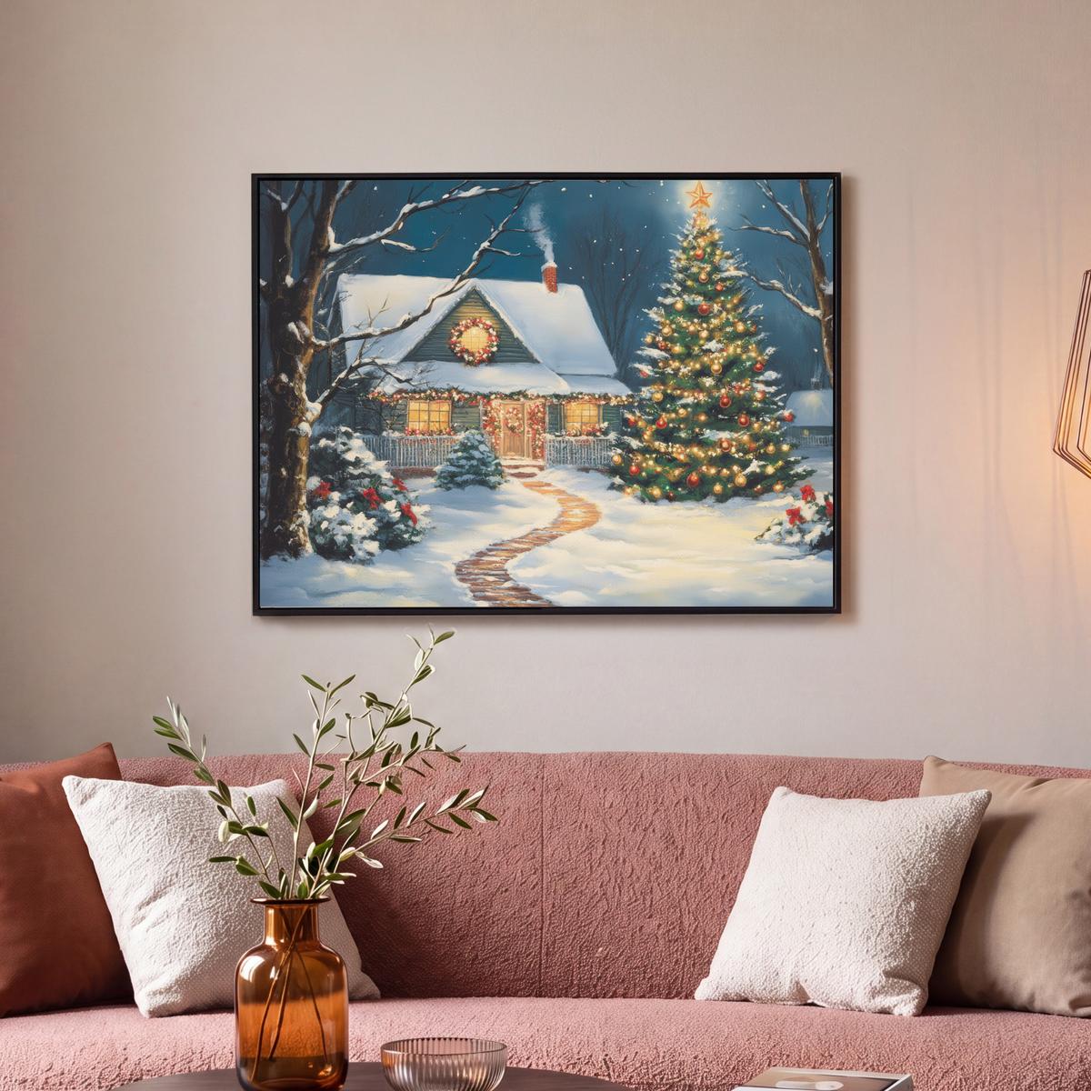 LEINWAND Bilder mit Rahmen - Weihnachten - Weihnachtsbaum - Winter - Zuhause - Schnee - 80x60 - Smaragdgrün, Textil (80/60cm) - MuchoWow