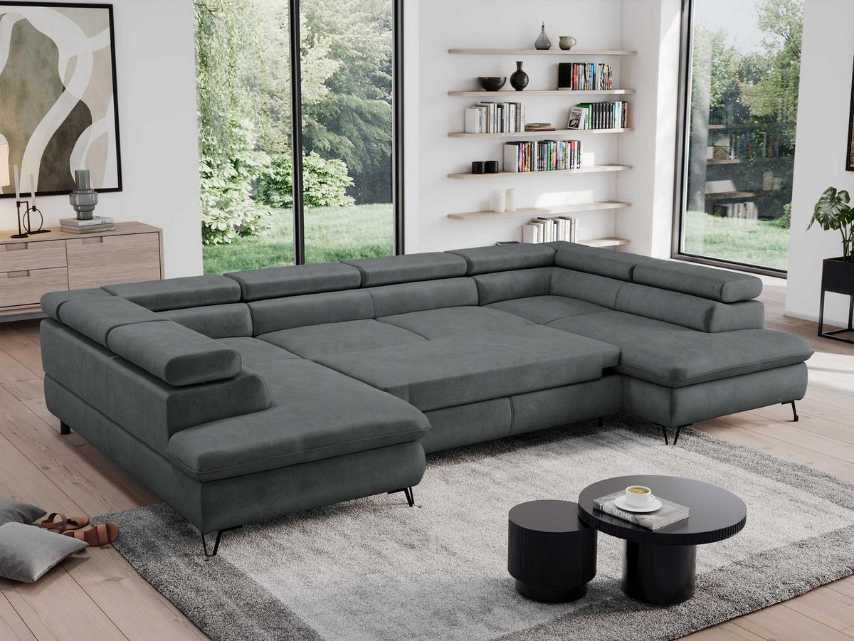 WOHNLANDSCHAFT PEDRO U Samt Dunkelgrau - Dunkelgrau/Schwarz, Textil/Metall (346/76/208cm) - MKS