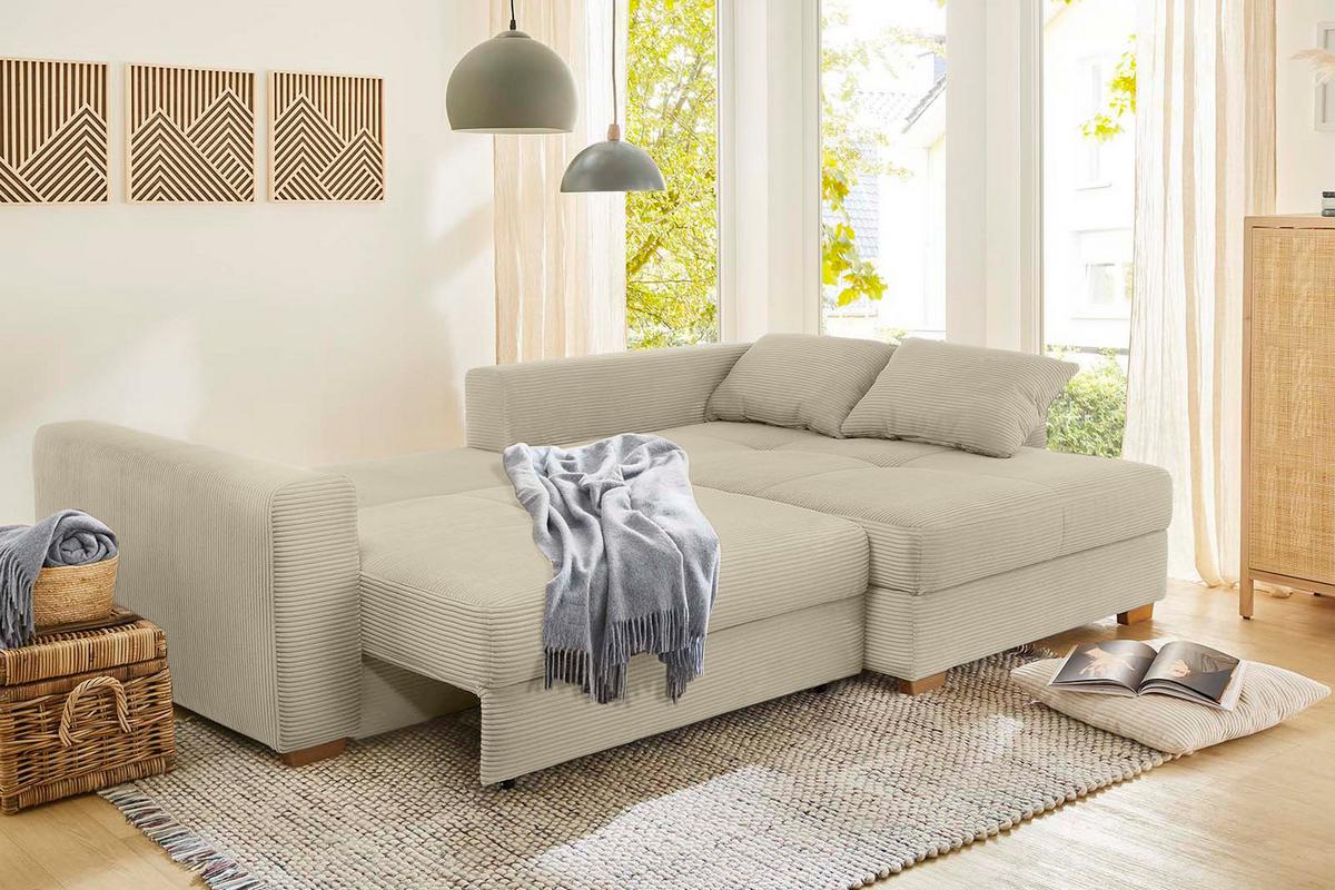 ECKSOFA-DAUERSCHLÄFER Federkern Bettkasten, seitenverkehrt montierbar B288/T186/H86 cm, Liegefl. 153x245 cm, Cord Beige Grau / 15154 - Greige/Eichefarben, Holz/Textil (288/186cm) - luma-home