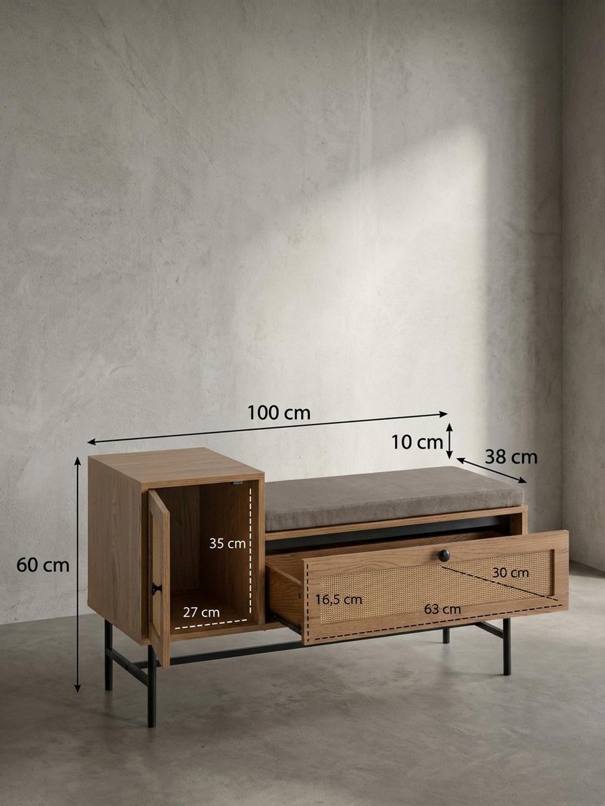 SCHUHBANK – Eiche-Dekor, 100x60x38 cm, Rattan-Elemente, gepolstert, mit Stauraum - Beige/Schwarz, Textil/Metall (100/60/38cm) - KADIMA DESIGN