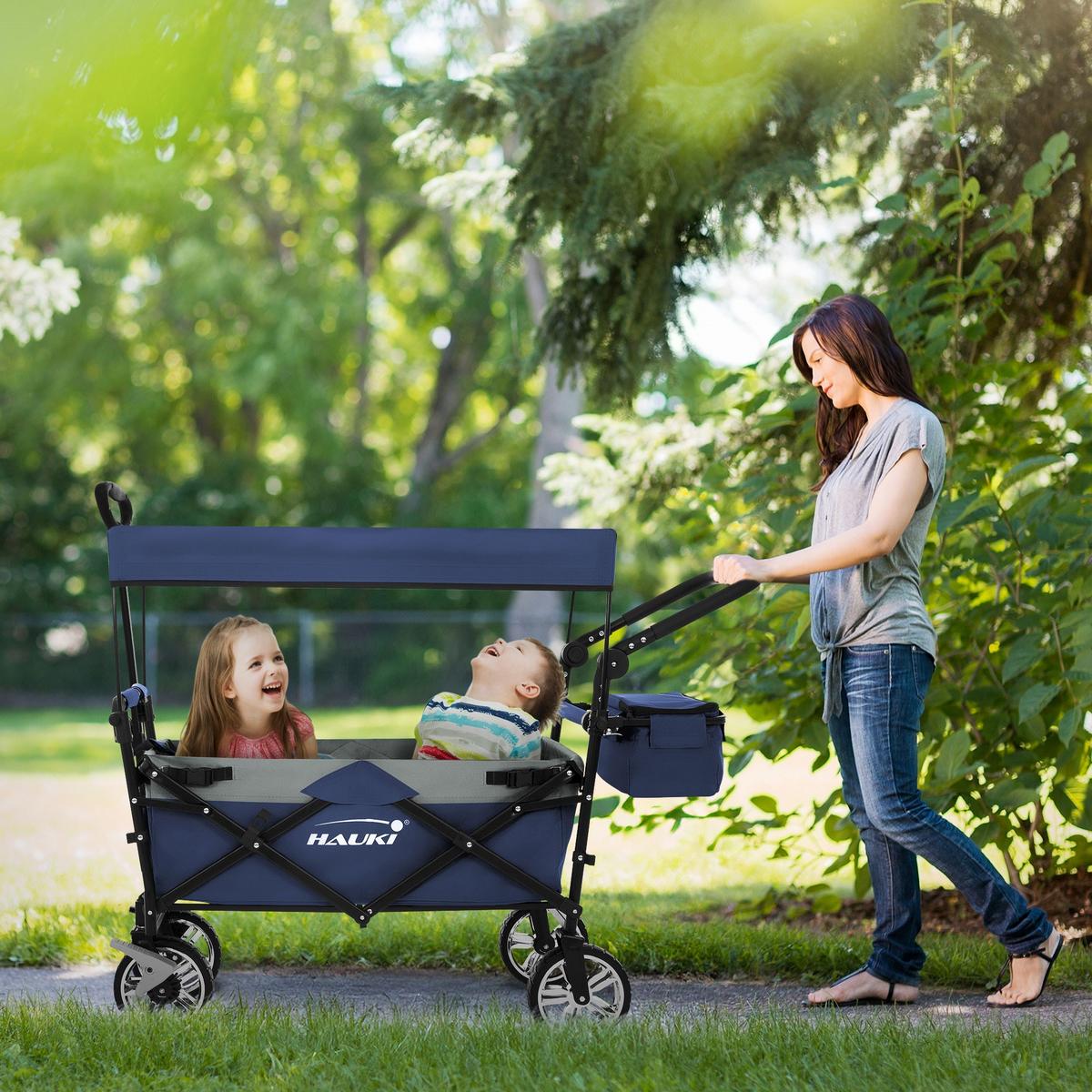BOLLERWAGEN faltbar mit Dach XXL Blau-Grau Handwagen für Kinder Strand Picknick - Blau, Metall (56/99/196cm) - Hauki