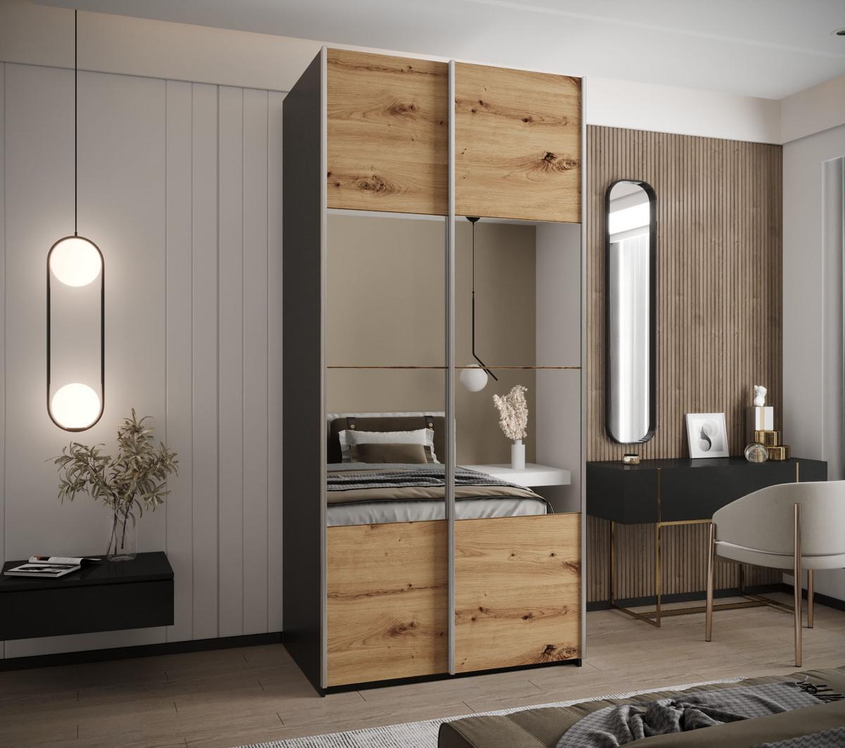SCHWEBETÜRENSCHRANK 245,5/110/64 2-türig - Silberfarben/Schwarz, Holz/Metall (110/245/64cm) - Abiks Möbel