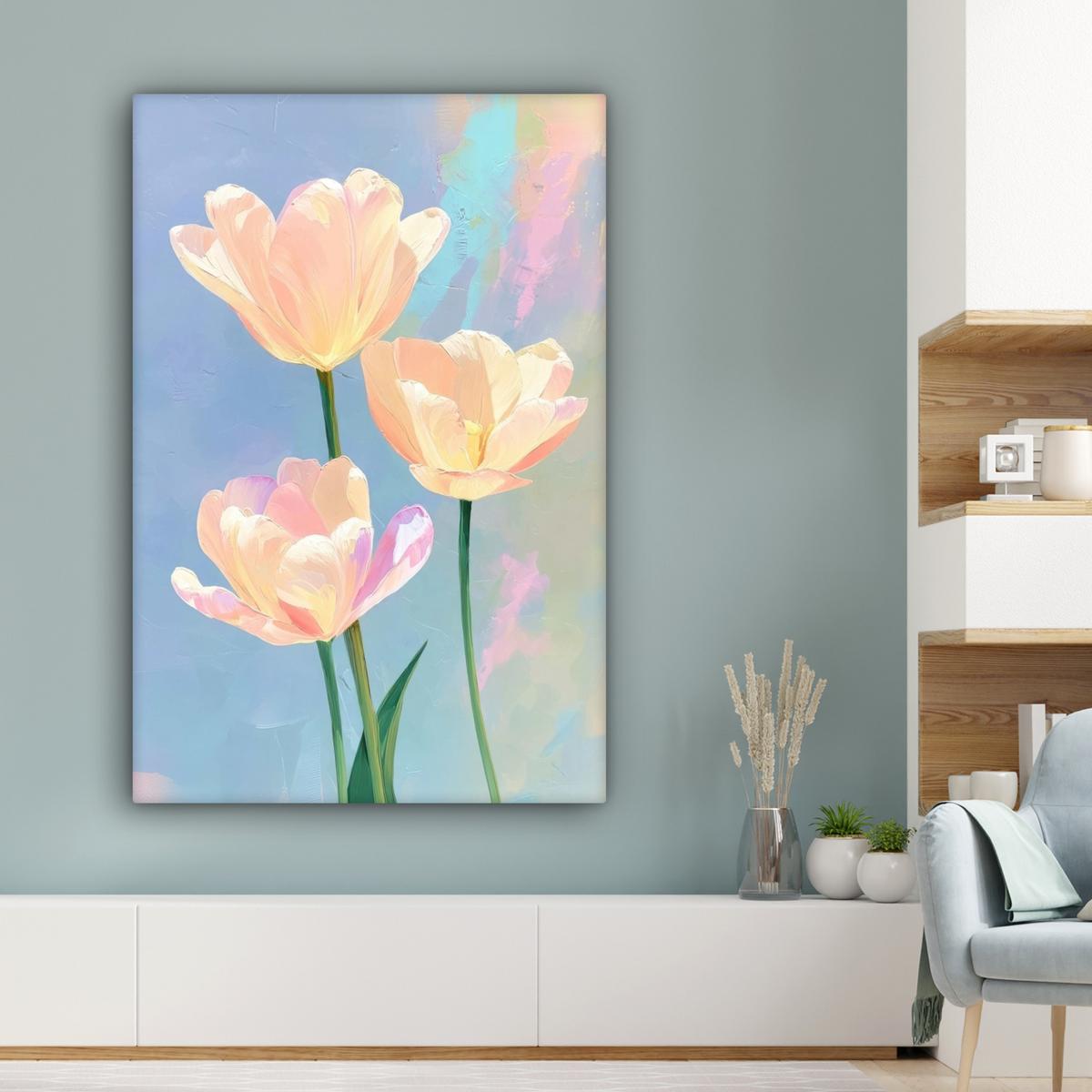 LEINWANDBILD Tulpen - Rosa Akzente - Blau Deko XXL 80x120 cm - Pastellblau, Textil (80/120cm) - MuchoWow