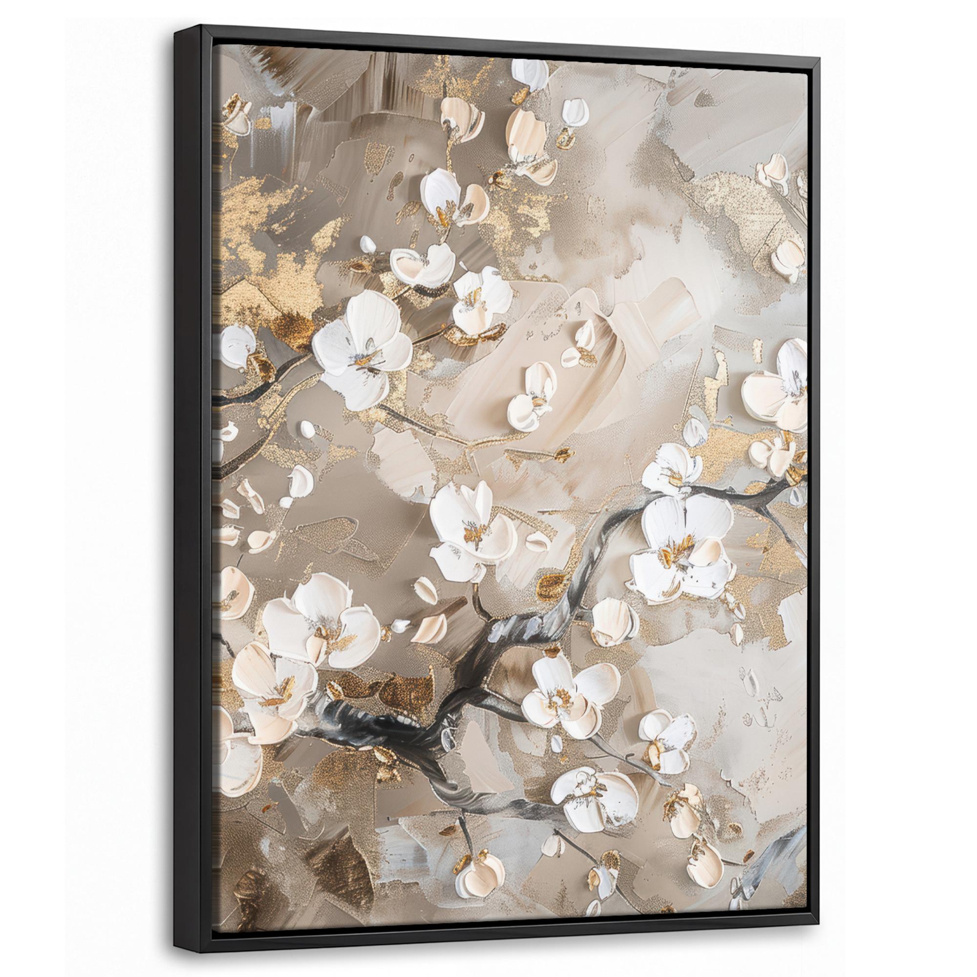 LEINWAND Bilder mit Rahmen - Blumen - Weiß - Gold - Beige - Luxus - 30x40 - Greige, Textil (30/40cm) - MuchoWow