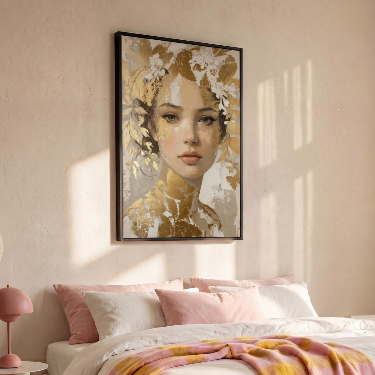 LEINWAND Bilder mit Rahmen - Gesicht - Frau - Blätter - Gold - 90x140 - Beige, Textil (90/140cm) - MuchoWow