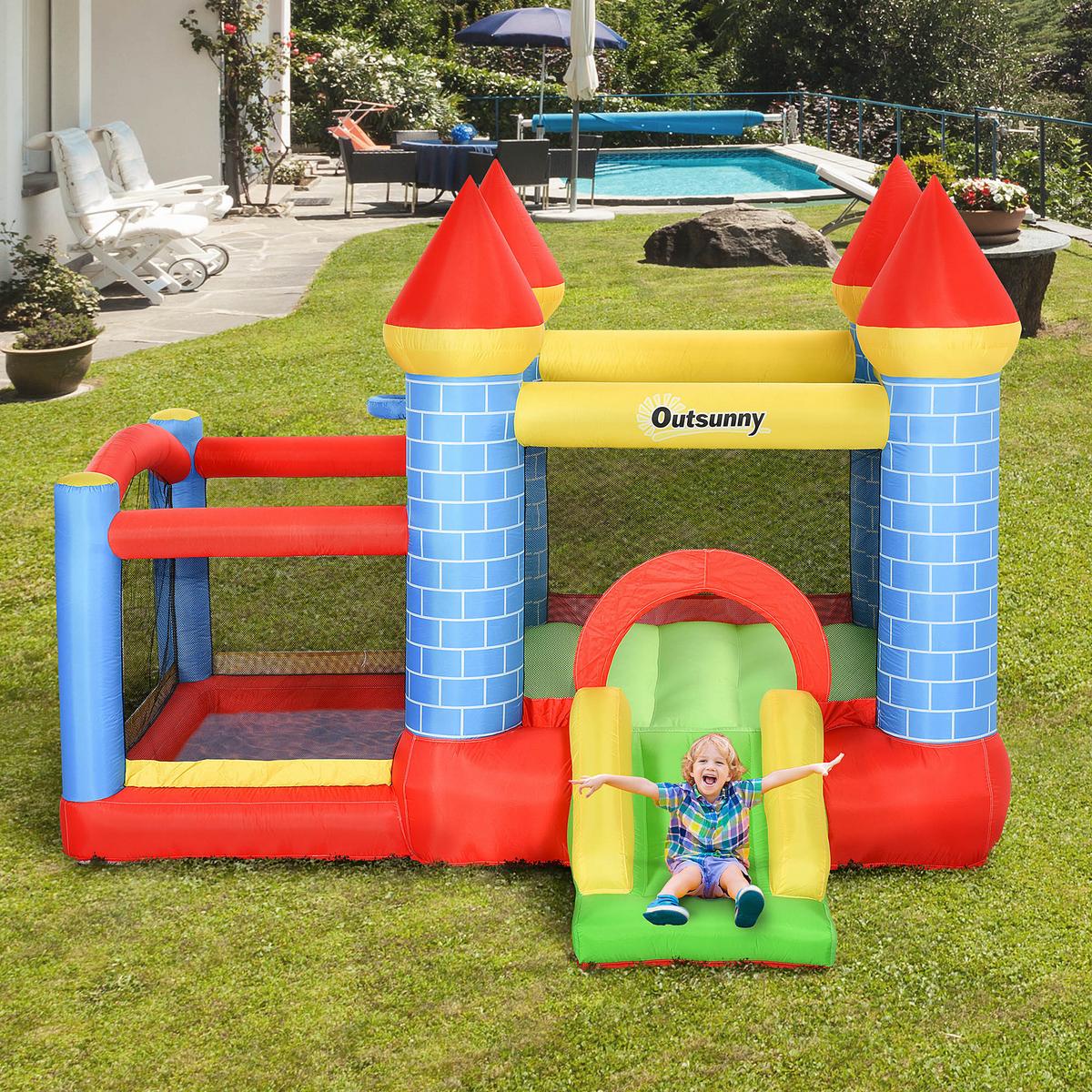 AUFBLASBARE Hüpfburg mit Rutsche Pool für 3 Kinder Burg mit Gebläse - Rot, Kunststoff (280/260/210cm) - Outsunny