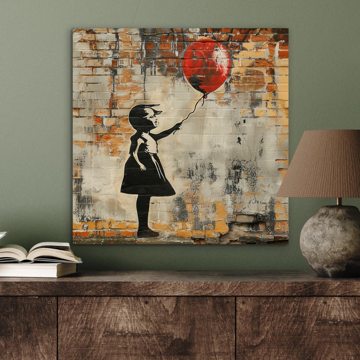 METALLBILD Graffiti - Banksy - Mädchen - Straßenkunst 50x50 cm - Sandfarben, Metall (50/50cm) - MuchoWow
