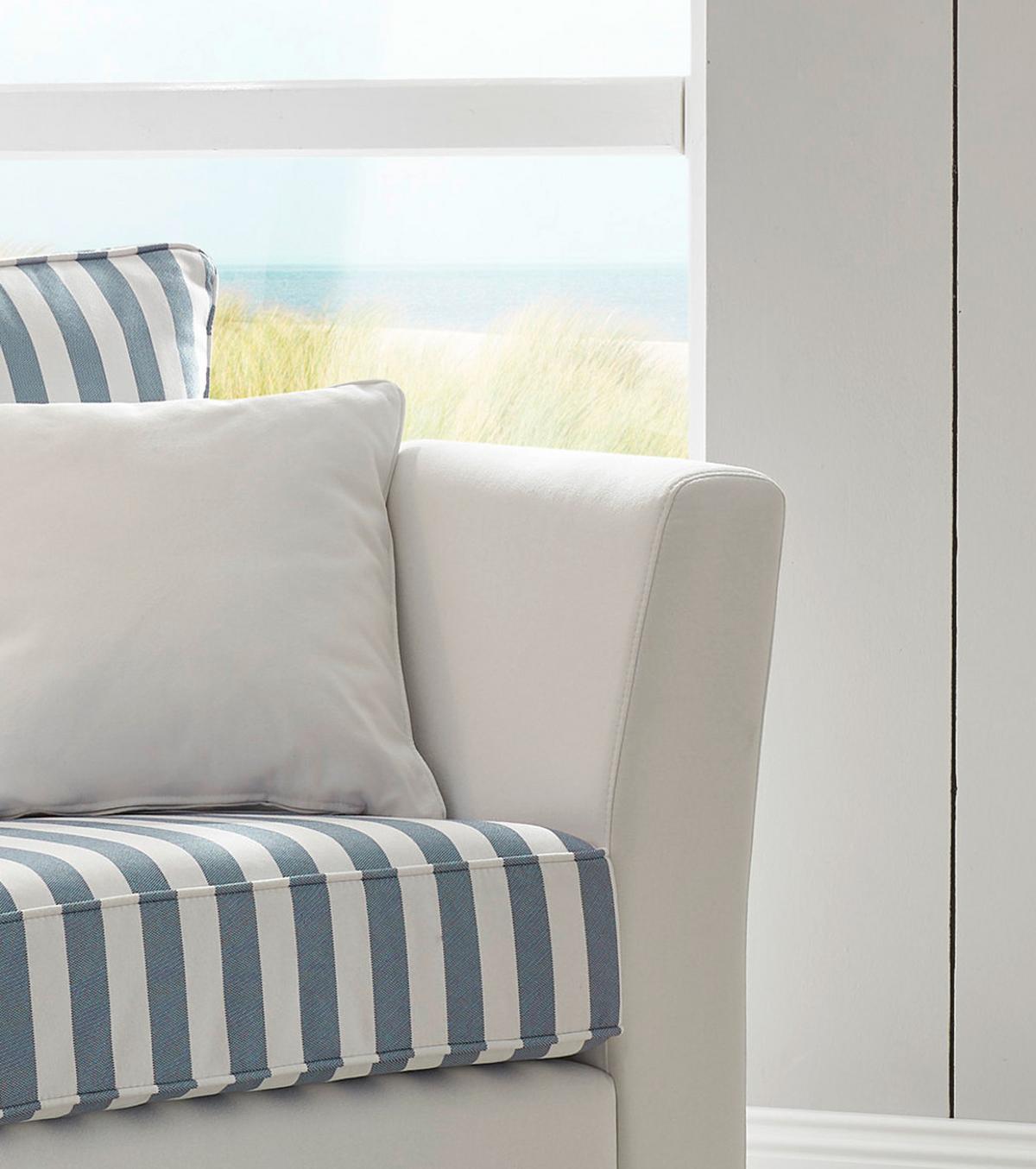 SESSEL creme blau gestreift, Landhaus 95 cm, Loungesessel Set inklusive Hocker - Blau/Creme, Holz/Textil (95/88/161cm) - Furn.Design