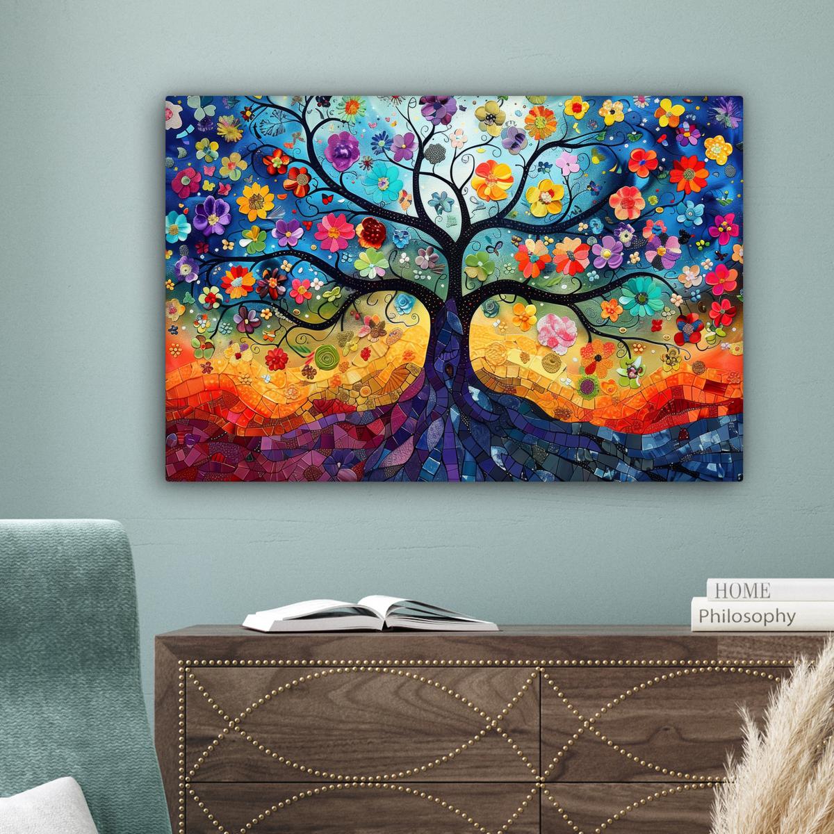 LEINWANDBILD Kunst - Baum des Lebens - Blumen - Hippie Wanddeko 90x60 cm - Dunkelblau, Textil (90/60cm) - MuchoWow