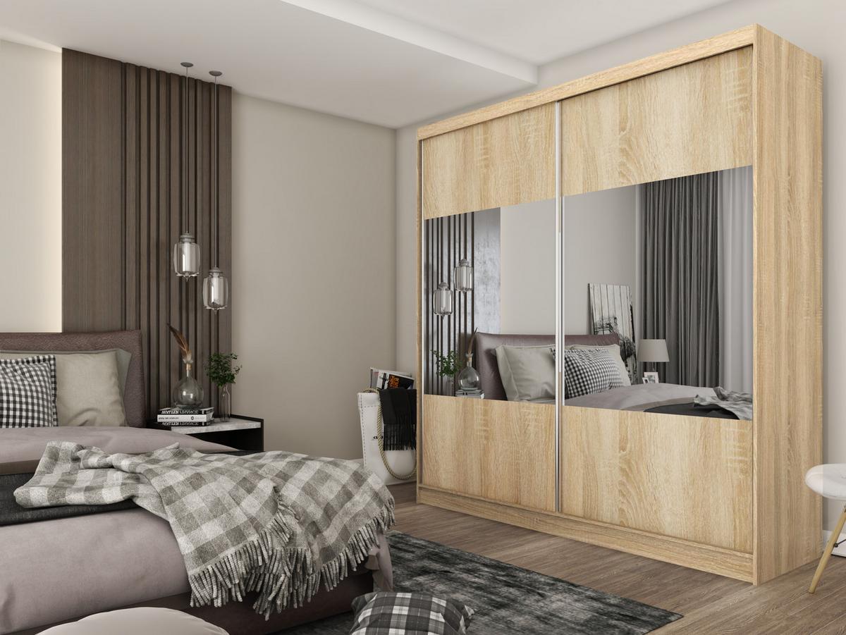KLEIDERSCHRANK mit Spiegel-Schiebetüren und Aluminium-Leisten - CELI - 200 cm Sonoma - Sonoma Eiche, Holzwerkstoff (200/216/61cm) - ALTDECOR