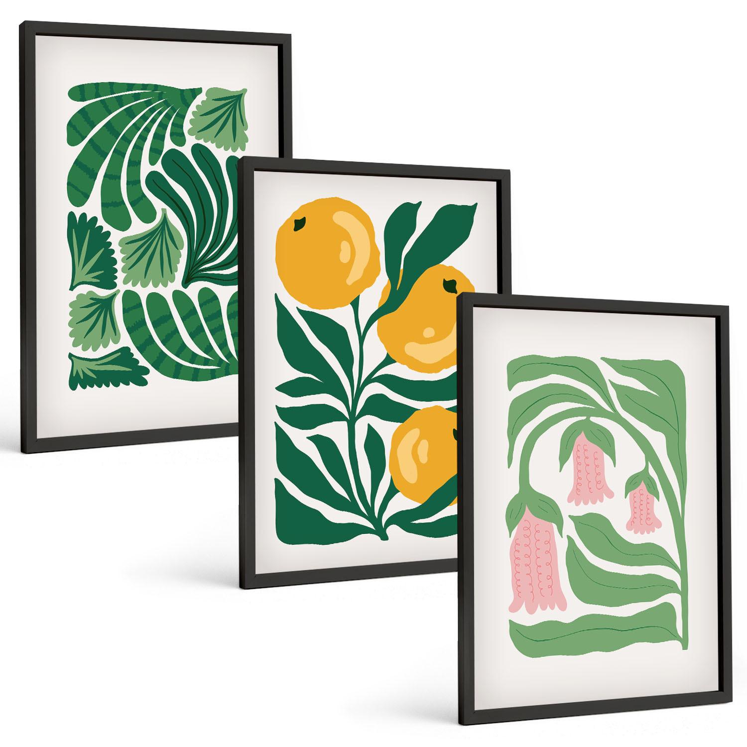 BILDER SET 3er Set - 40x60 cm Schwarzer Rahmen - Minimalistische Pflanzenmuster - Schwarz, Kunststoff (40/60cm) - TULUP