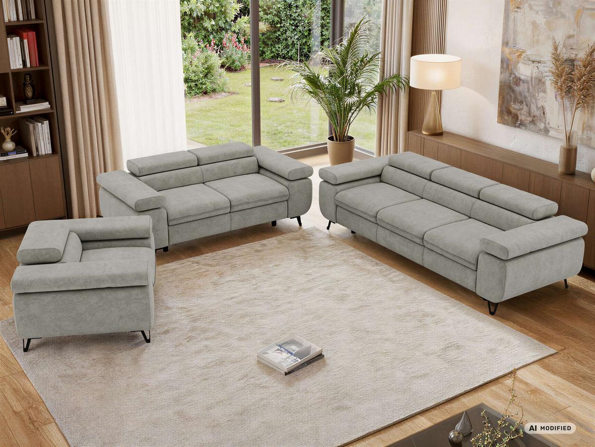 SITZGARNITUR PETER 1+2+3 - Grau Stukture - Anthrazit/Schwarz, Textil/Metall (262/76/99cm) - MKS