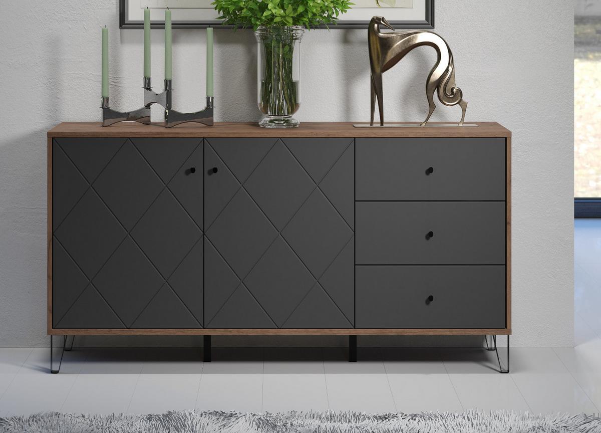 SIDEBOARD Graphite grau, Eiche Kraft Gold 183 x 76 cm, Kommode mit Soft-Close - Eichefarben/Schwarz, Holzwerkstoff/Kunststoff (183/76/40cm) - Top.Furn
