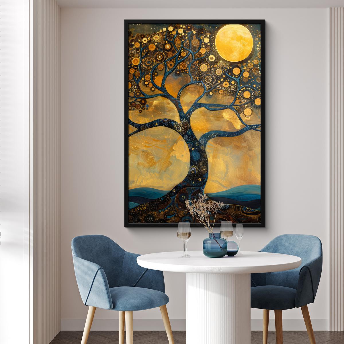POSTER MIT RAHMEN Baum - Mond - Blumen - Gold - Kunst Bilderleiste 80x120 cm - Orange, Papier (80/120cm) - MuchoWow