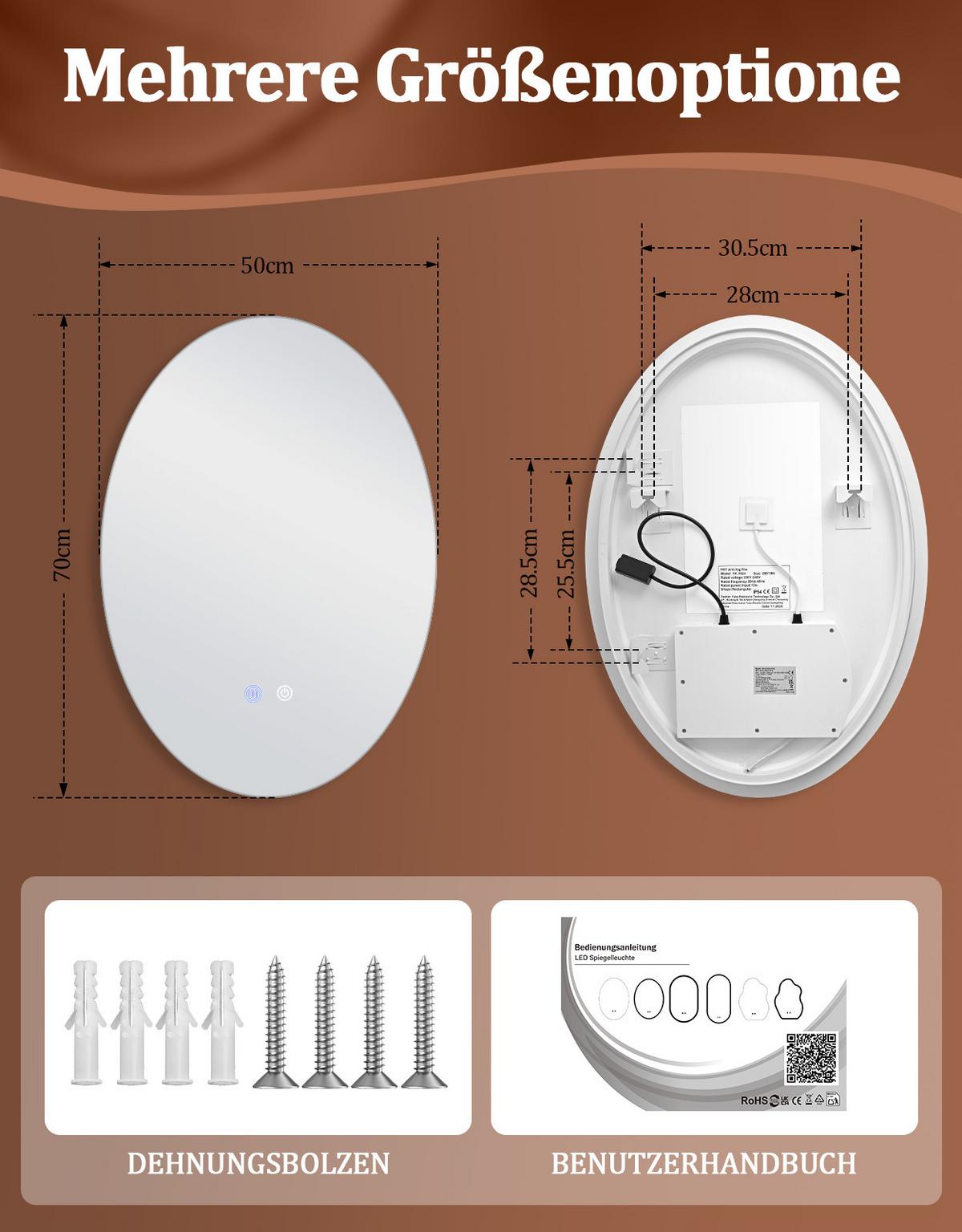 BADSPIEGEL mit Beleuchtung Kelven 3/50/70 cm - Weiß, Glas (50/70/3cm) - ZMH
